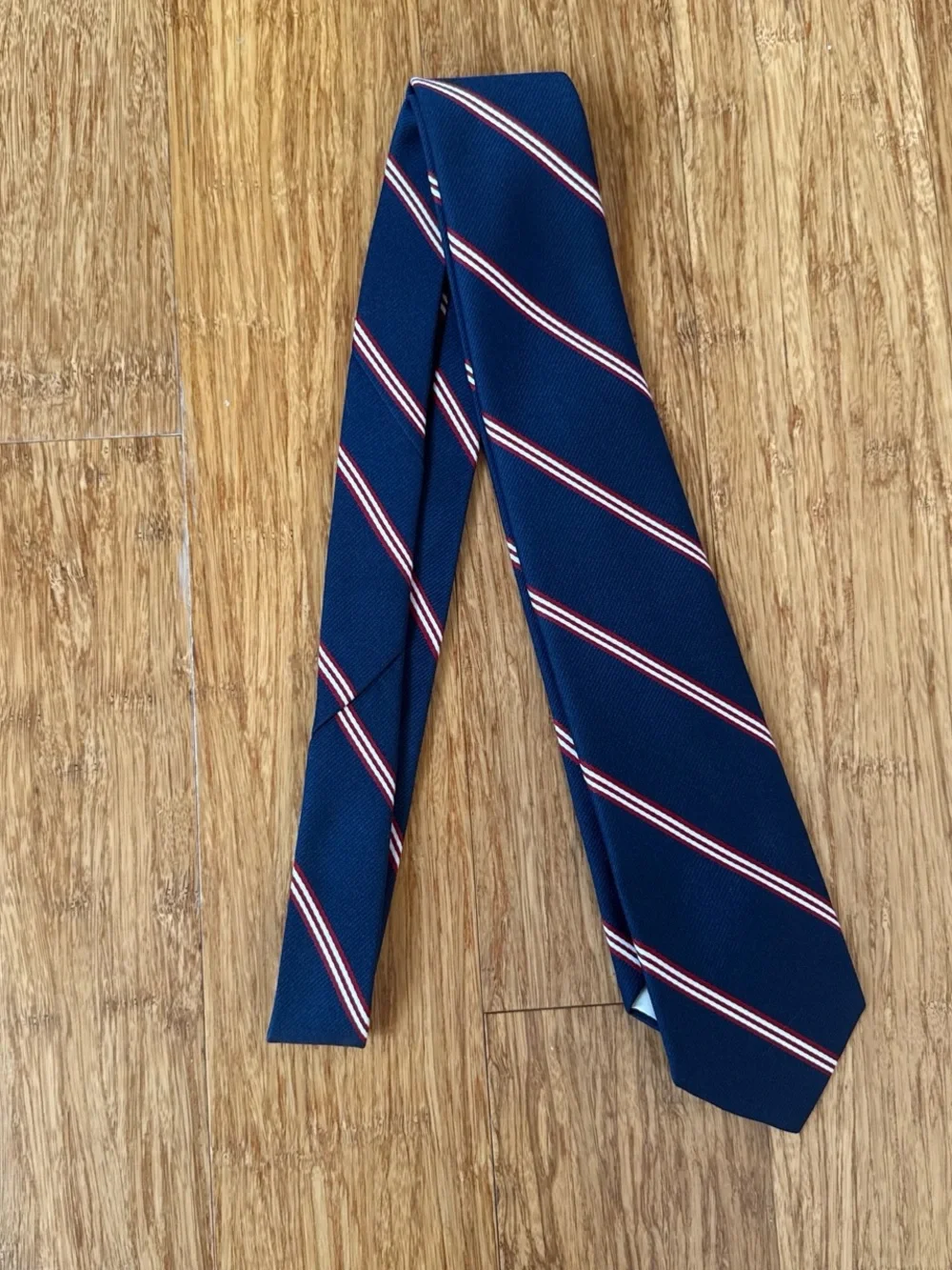 Racine, Paris Classic Navy Blue Stripe Men's Tie with Red and White Accents